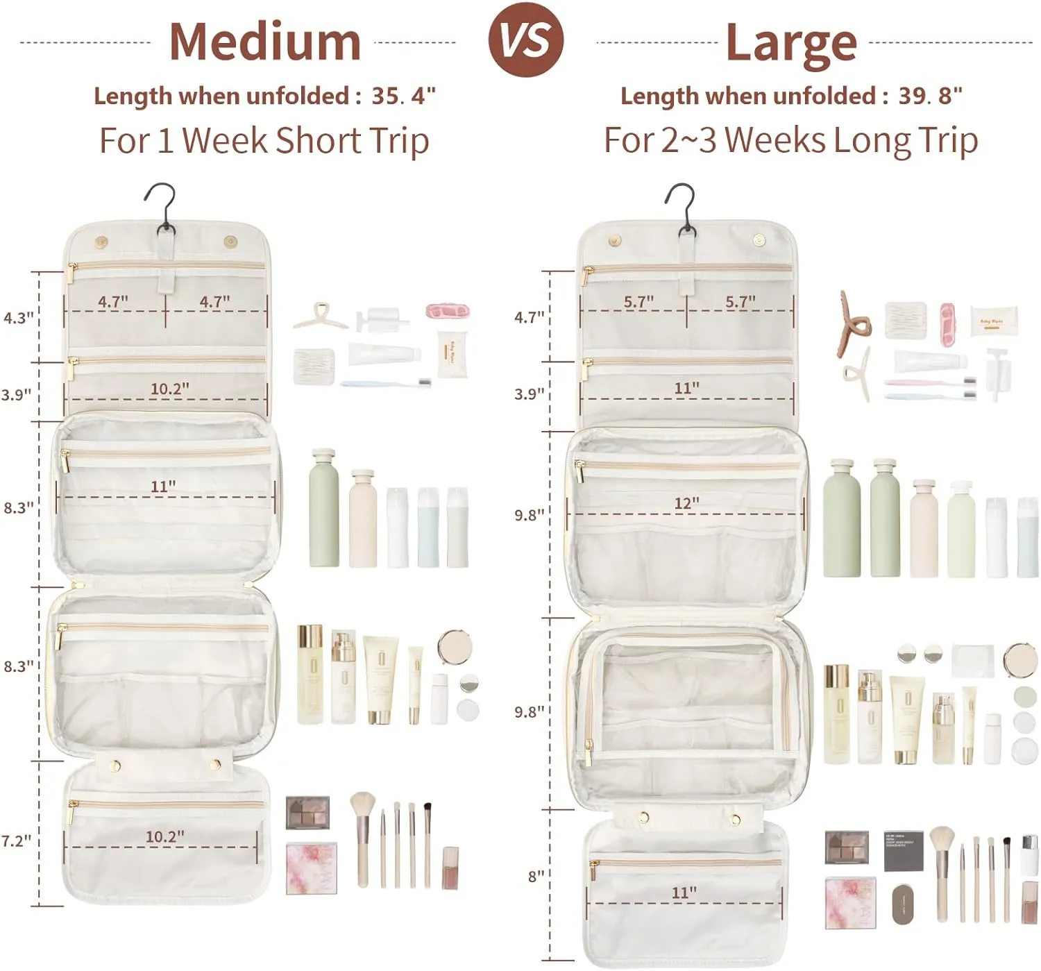 PACKISM Hanging Travel Toiletry Bag for Women - Quilted Plaid PU Leather Travel Makeup Bag with Detachable Bag, Waterproof Cosmetic Bag for Full-Sized Toiletries Fit Bathroom Cruise, Off-white (M)