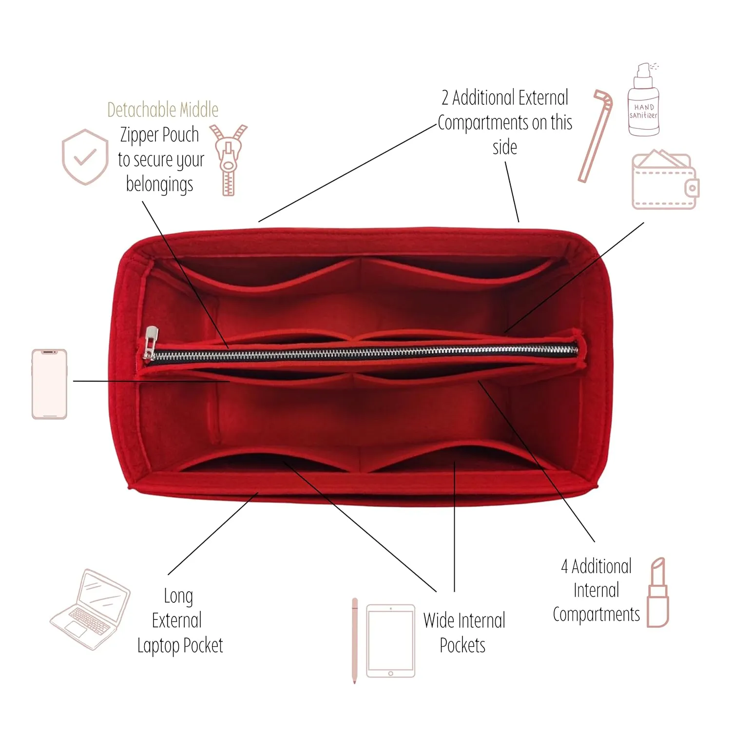 Purse Organizer for Cabata Purse Insert, Cabata Tote Organizer, Handmade 2mm Premium Felt Snug Sturdy Silver Zipper (For Large Cabata, Bubblegum)