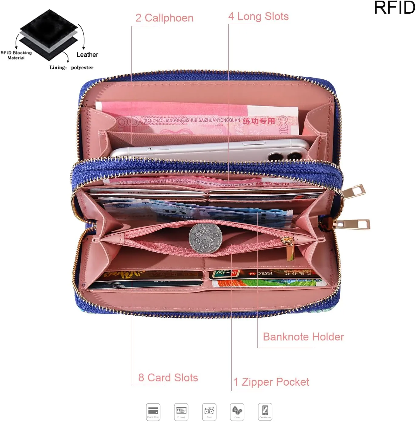 RFID Blocking Double Zip Wallet for Women Large Wristlet Clutch Bag Multi Card Holder Phone Case with Purse