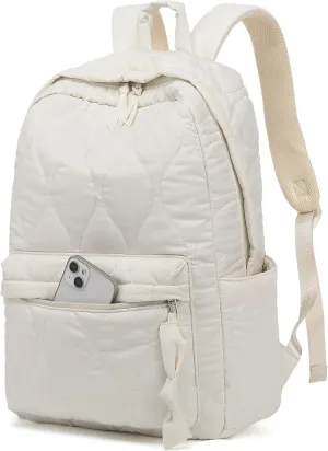School Backpack Teen Girls Lightweight Bookbags Elementary Middle School College Back Pack Women Laptop Casual Daypacks (Beige Quilted)