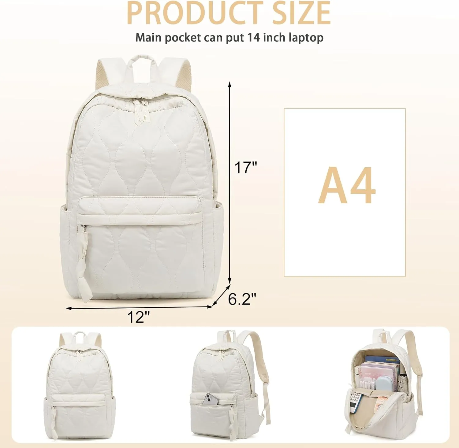 School Backpack Teen Girls Lightweight Bookbags Elementary Middle School College Back Pack Women Laptop Casual Daypacks (Beige Quilted)