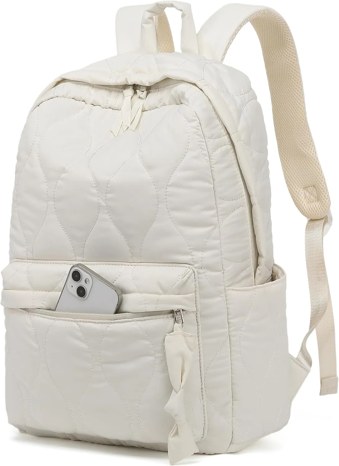 School Backpack Teen Girls Lightweight Bookbags Elementary Middle School College Back Pack Women Laptop Casual Daypacks (Beige Quilted)
