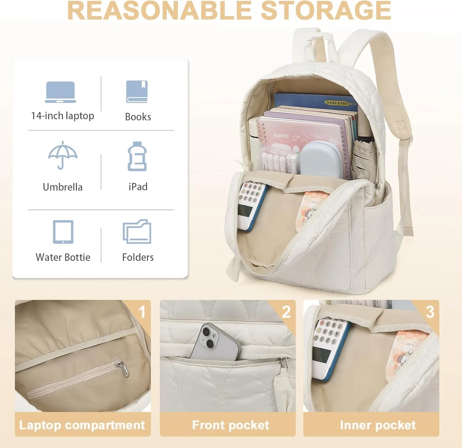 School Backpack Teen Girls Lightweight Bookbags Elementary Middle School College Back Pack Women Laptop Casual Daypacks (Beige Quilted)