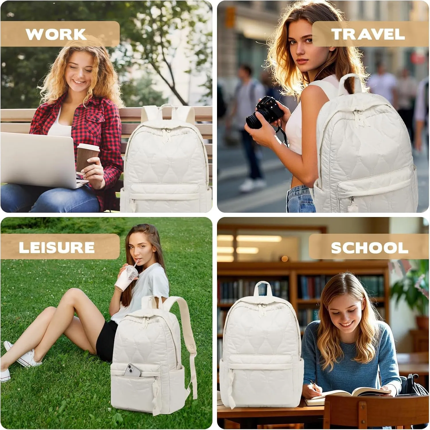 School Backpack Teen Girls Lightweight Bookbags Elementary Middle School College Back Pack Women Laptop Casual Daypacks (Beige Quilted)
