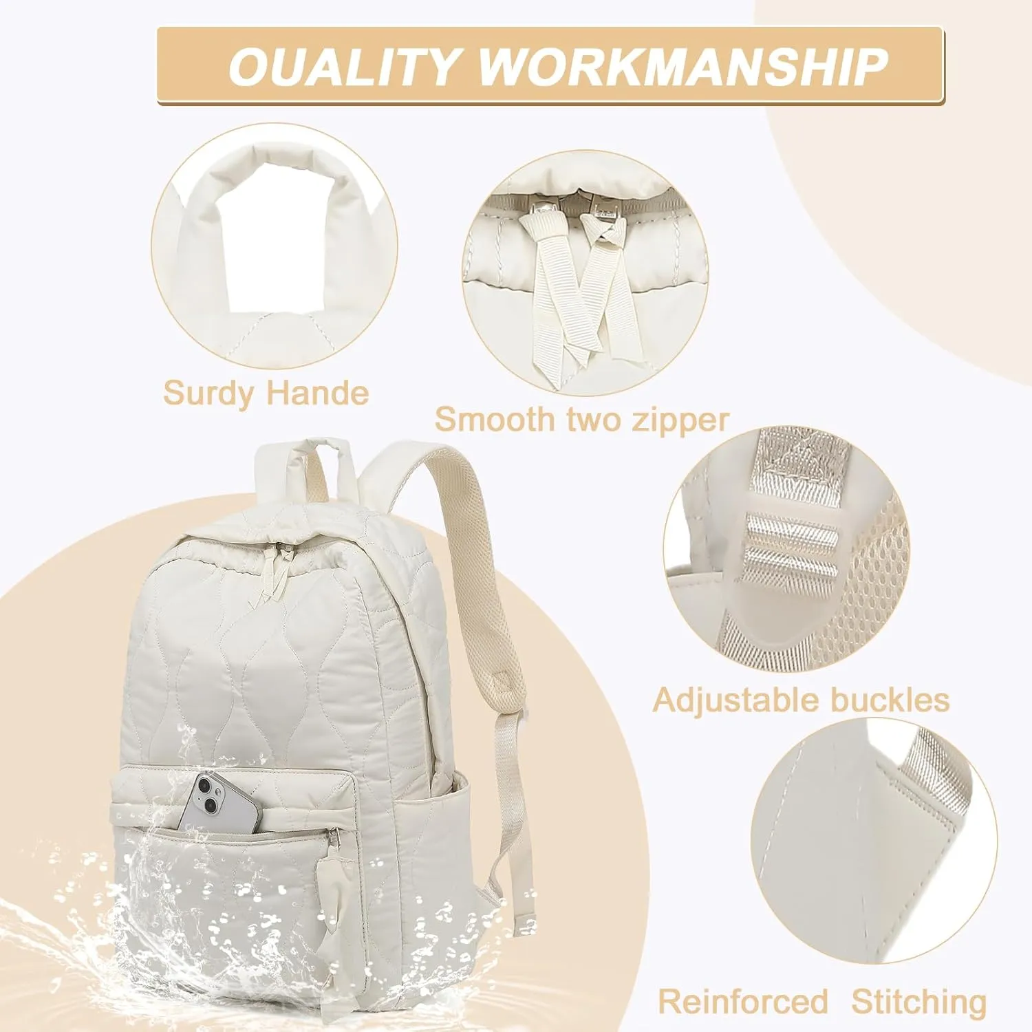 School Backpack Teen Girls Lightweight Bookbags Elementary Middle School College Back Pack Women Laptop Casual Daypacks (Beige Quilted)