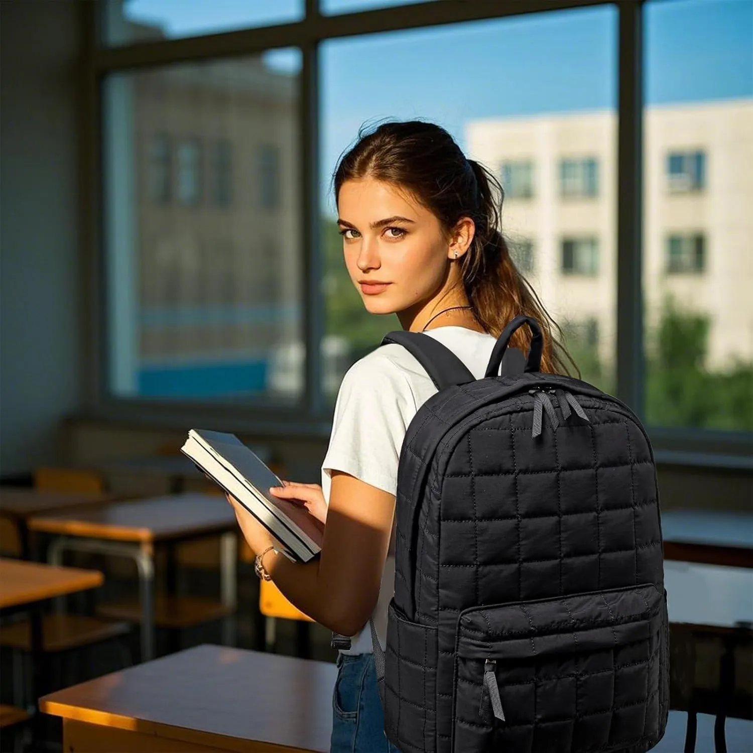 School Backpack Teen Girls Lightweight Bookbags Elementary Middle School College Back Pack Women Laptop Casual Daypacks (Black)