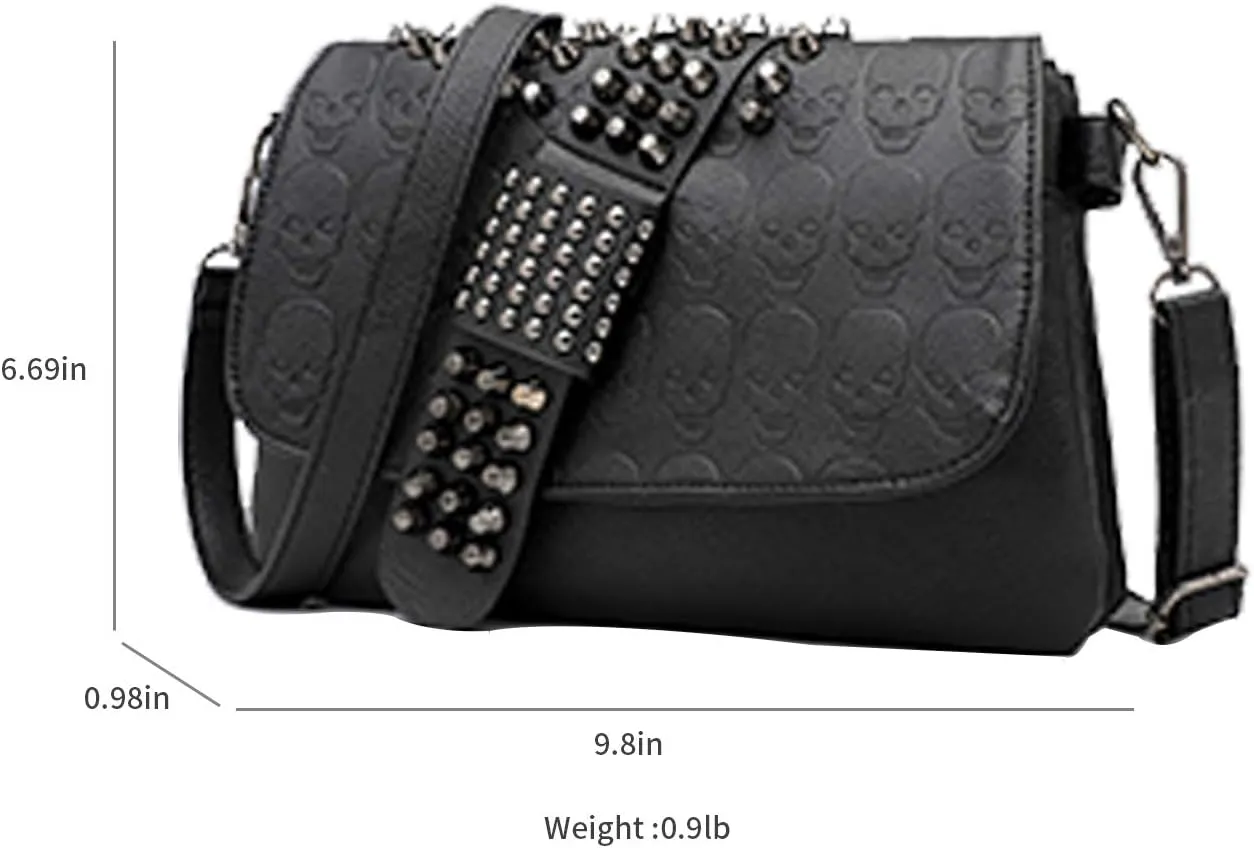 SUKUTU Womens Punk Skull Rivet Shoulder Bag PU Leather Goth Crossbody Bag with Chain Wallet Purse for Girls