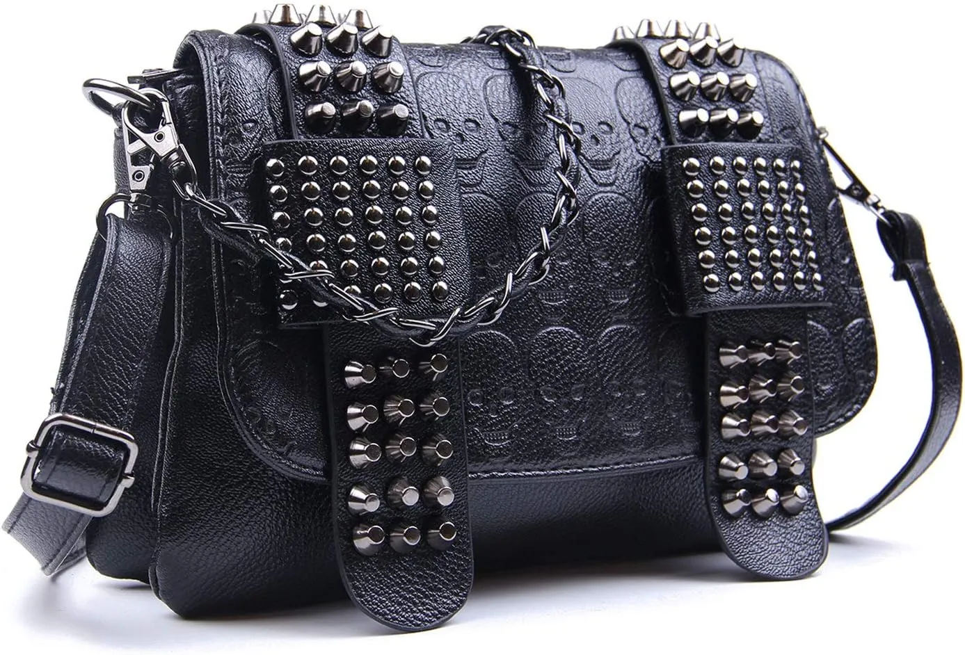 SUKUTU Womens Punk Skull Rivet Shoulder Bag PU Leather Goth Crossbody Bag with Chain Wallet Purse for Girls