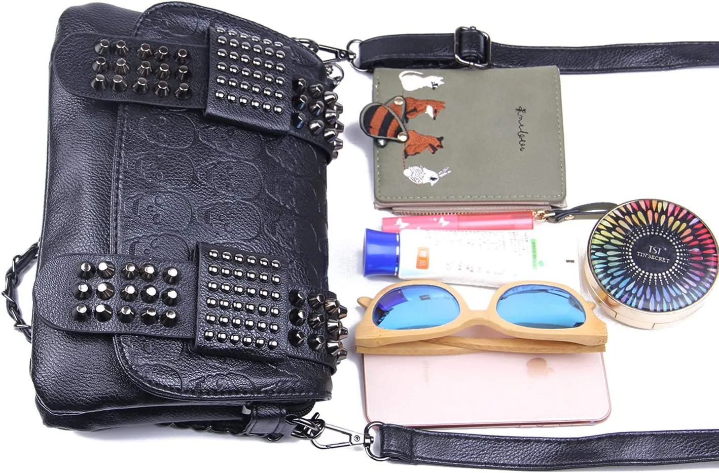 SUKUTU Womens Punk Skull Rivet Shoulder Bag PU Leather Goth Crossbody Bag with Chain Wallet Purse for Girls