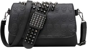 SUKUTU Womens Punk Skull Rivet Shoulder Bag PU Leather Goth Crossbody Bag with Chain Wallet Purse for Girls