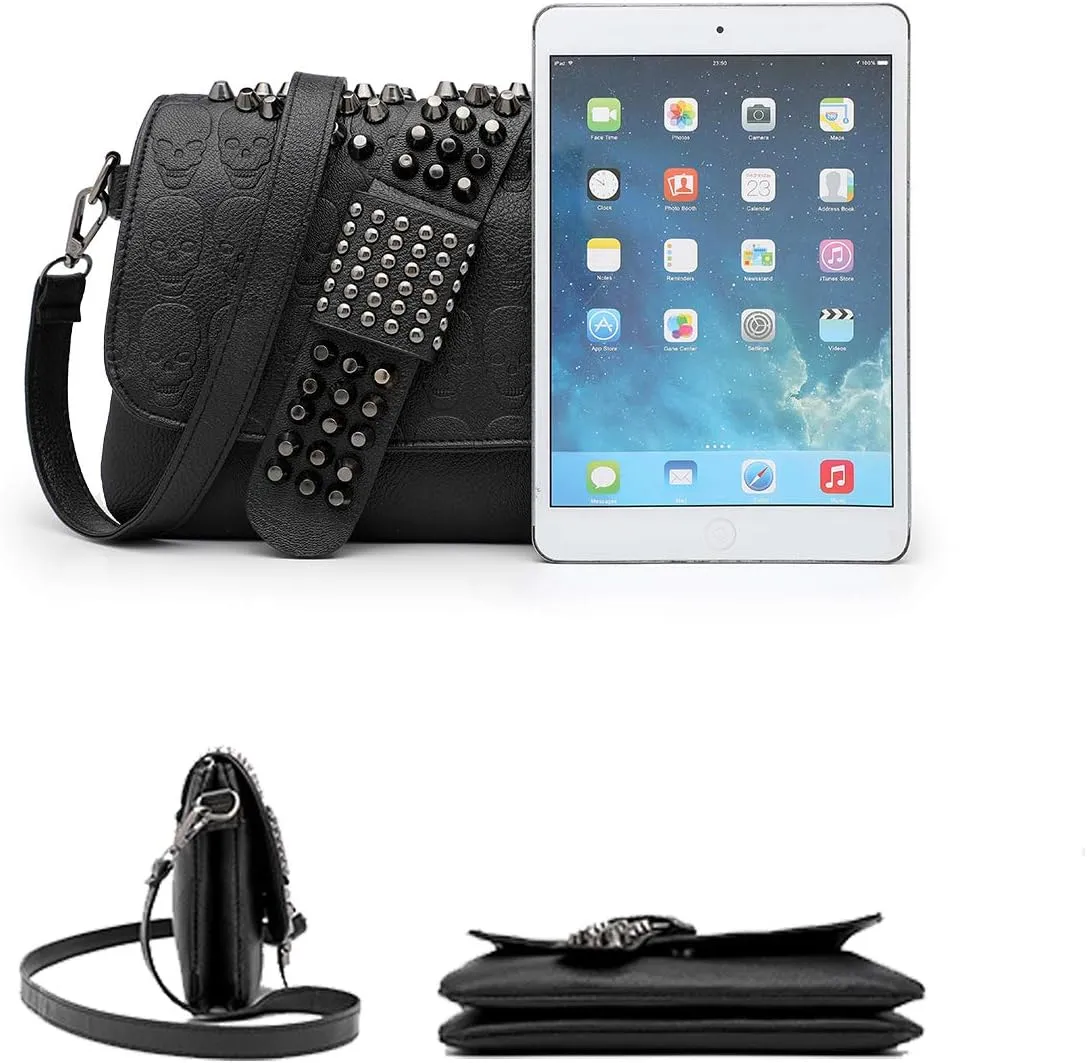 SUKUTU Womens Punk Skull Rivet Shoulder Bag PU Leather Goth Crossbody Bag with Chain Wallet Purse for Girls
