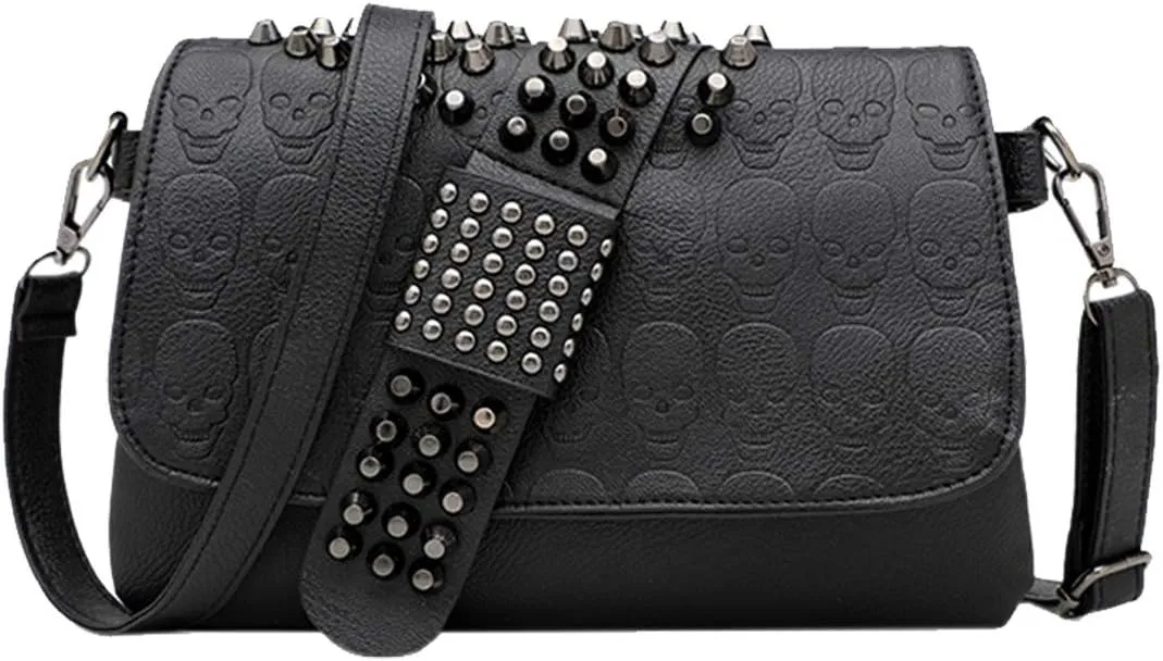 SUKUTU Womens Punk Skull Rivet Shoulder Bag PU Leather Goth Crossbody Bag with Chain Wallet Purse for Girls