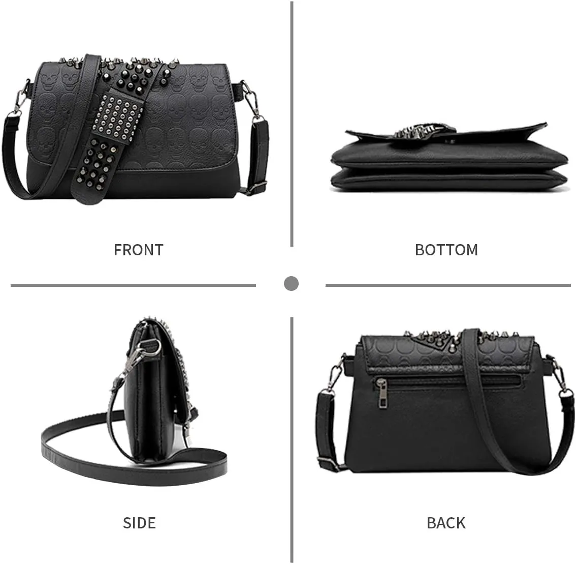 SUKUTU Womens Punk Skull Rivet Shoulder Bag PU Leather Goth Crossbody Bag with Chain Wallet Purse for Girls