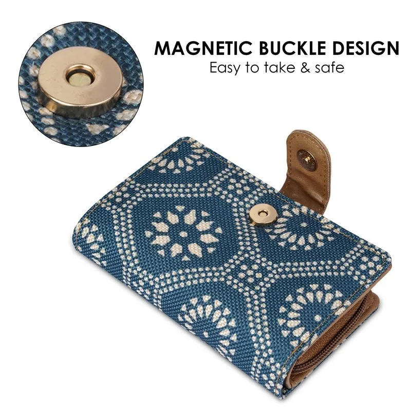 THE CLOWNFISH Fab Series Printed Handicraft Fabric & Vegan Leather Ladies Wallet Clutch Purse for Women Girls with Multiple Compartments (Cerulean Blue)