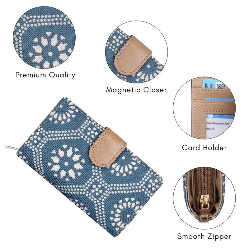 THE CLOWNFISH Fab Series Printed Handicraft Fabric & Vegan Leather Ladies Wallet Clutch Purse for Women Girls with Multiple Compartments (Cerulean Blue)