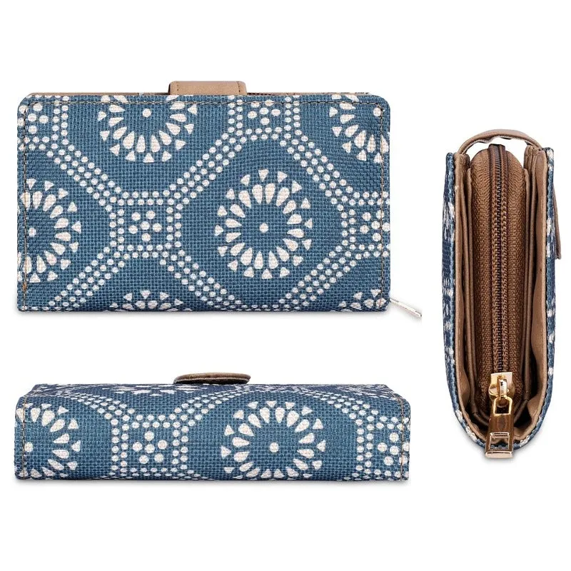 THE CLOWNFISH Fab Series Printed Handicraft Fabric & Vegan Leather Ladies Wallet Clutch Purse for Women Girls with Multiple Compartments (Cerulean Blue)