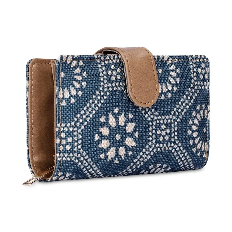 THE CLOWNFISH Fab Series Printed Handicraft Fabric & Vegan Leather Ladies Wallet Clutch Purse for Women Girls with Multiple Compartments (Cerulean Blue)