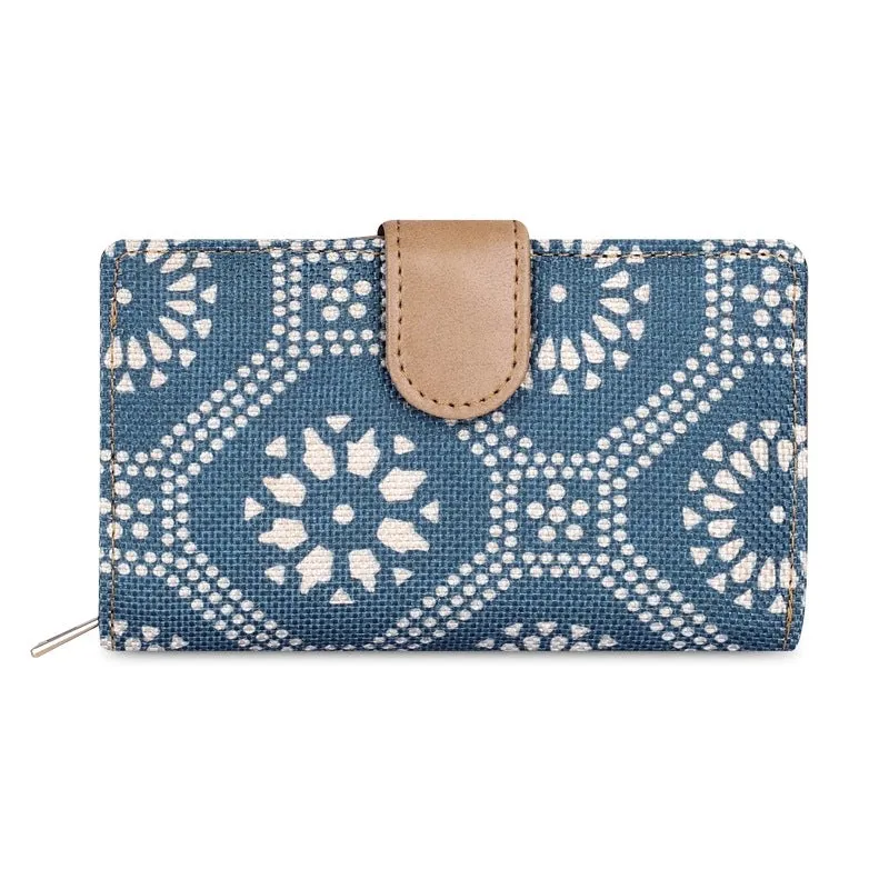 THE CLOWNFISH Fab Series Printed Handicraft Fabric & Vegan Leather Ladies Wallet Clutch Purse for Women Girls with Multiple Compartments (Cerulean Blue)