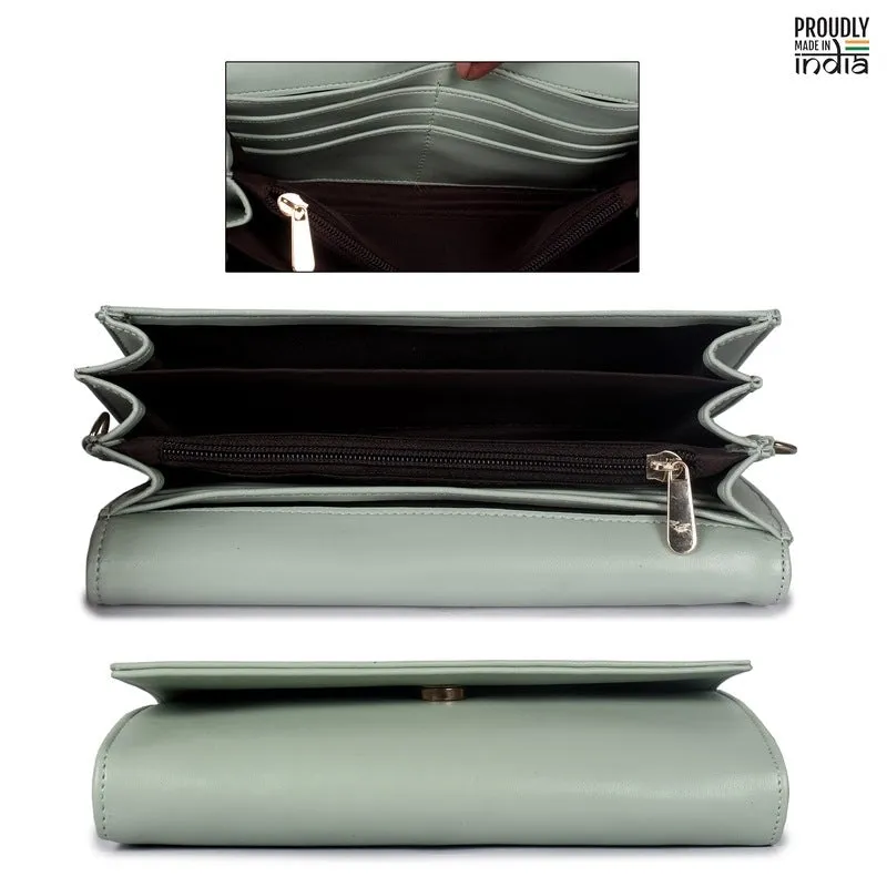 THE CLOWNFISH Ivana Series Womens Wallet - Premium Faux Leather | Adjustable Strap | Slim Design | Pistachio Green