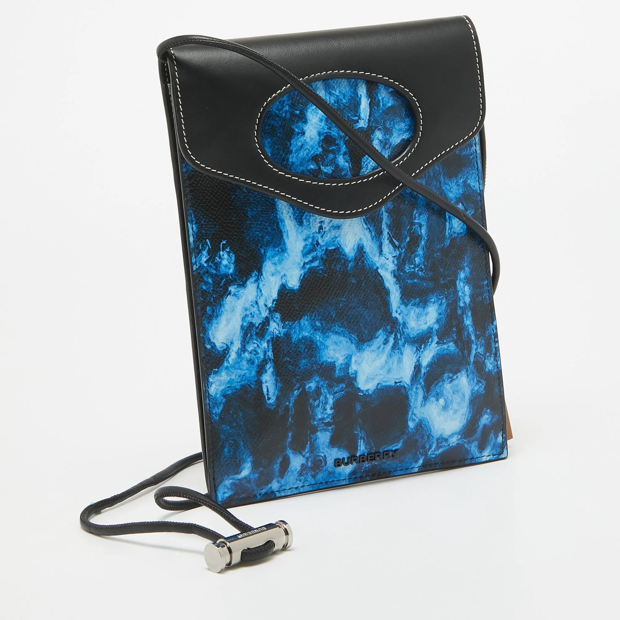Trendy Inspired Burberry Blue/black Water Camo Print Leather Pocket Phone Pouch Crossbody Bag