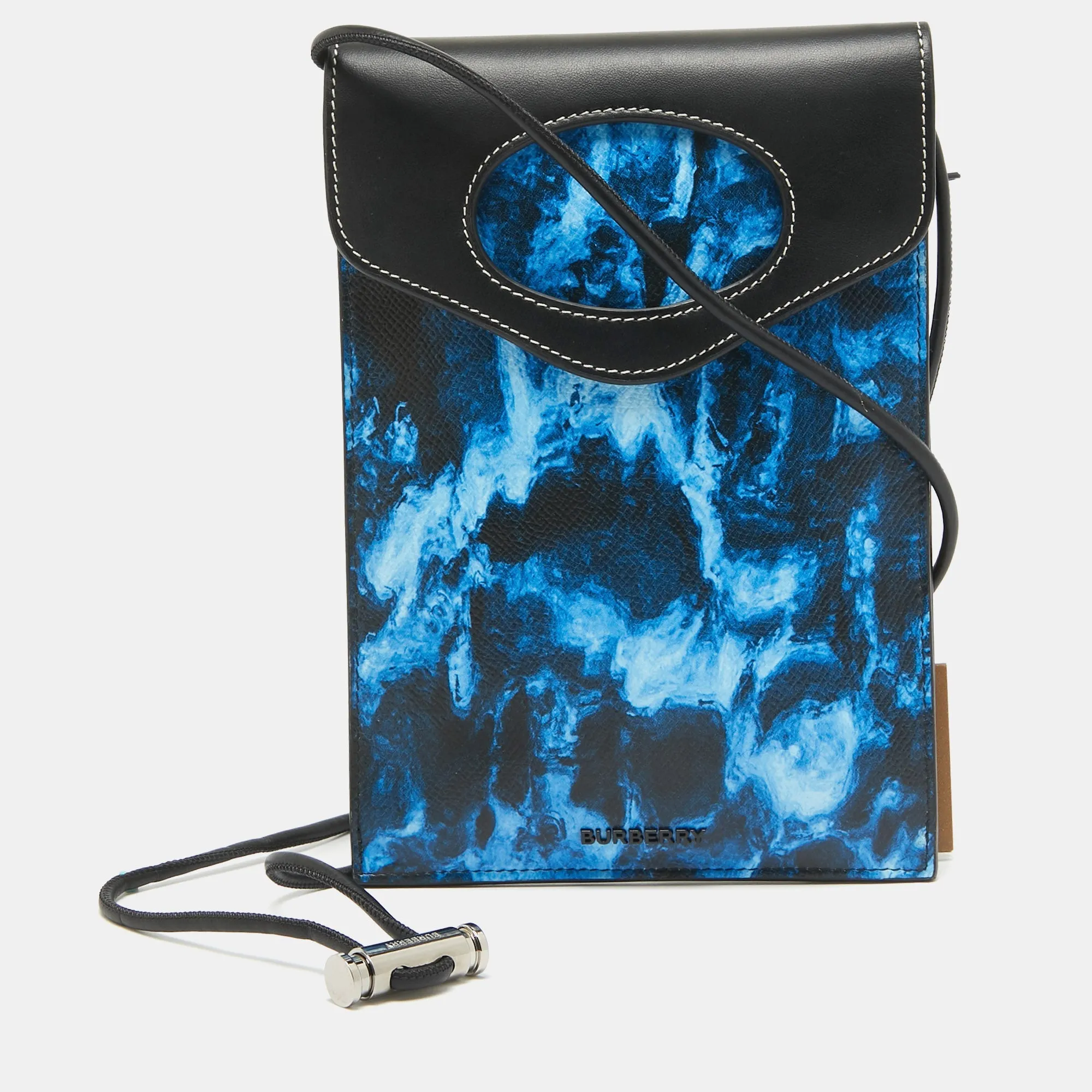 Trendy Inspired Burberry Blue/black Water Camo Print Leather Pocket Phone Pouch Crossbody Bag