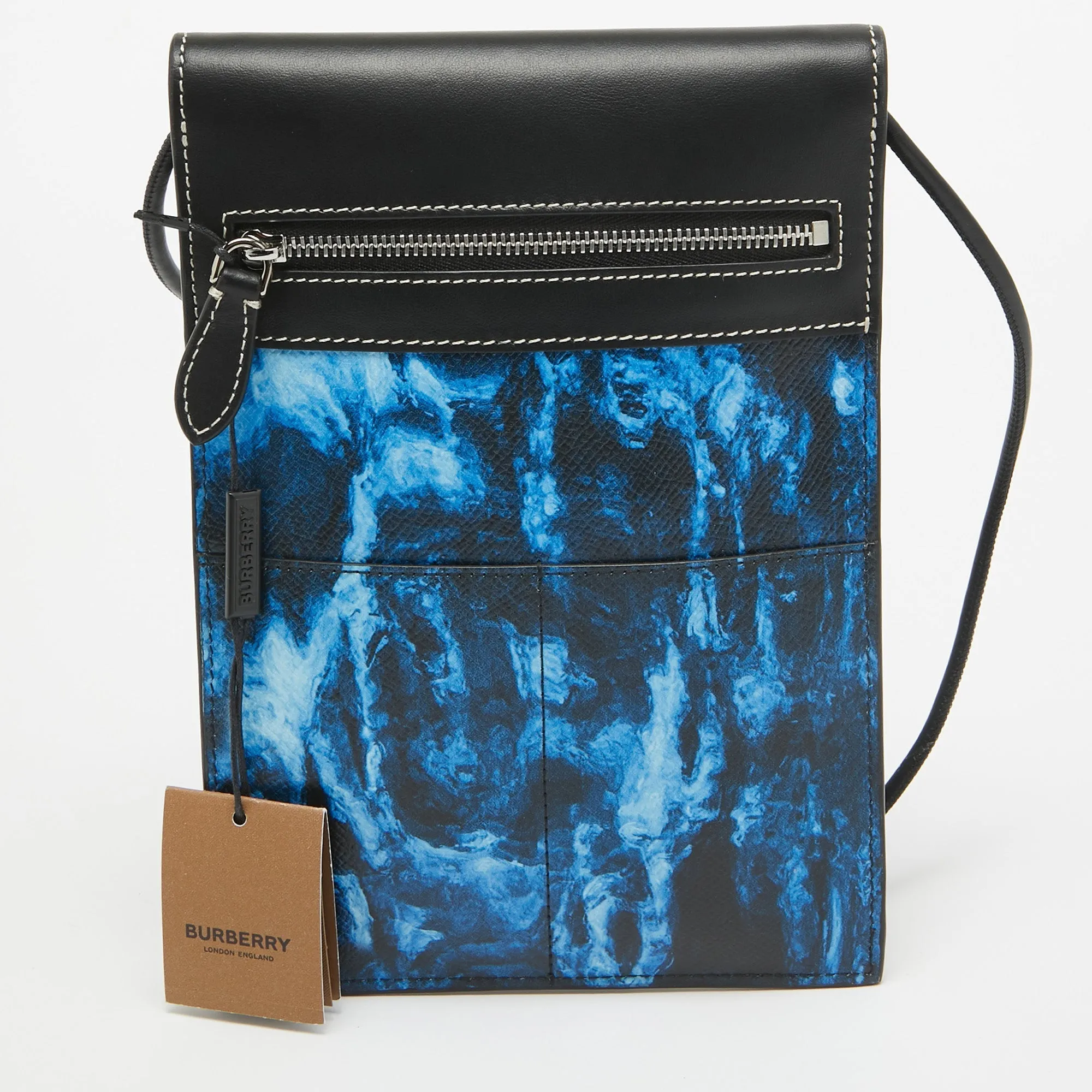 Trendy Inspired Burberry Blue/black Water Camo Print Leather Pocket Phone Pouch Crossbody Bag