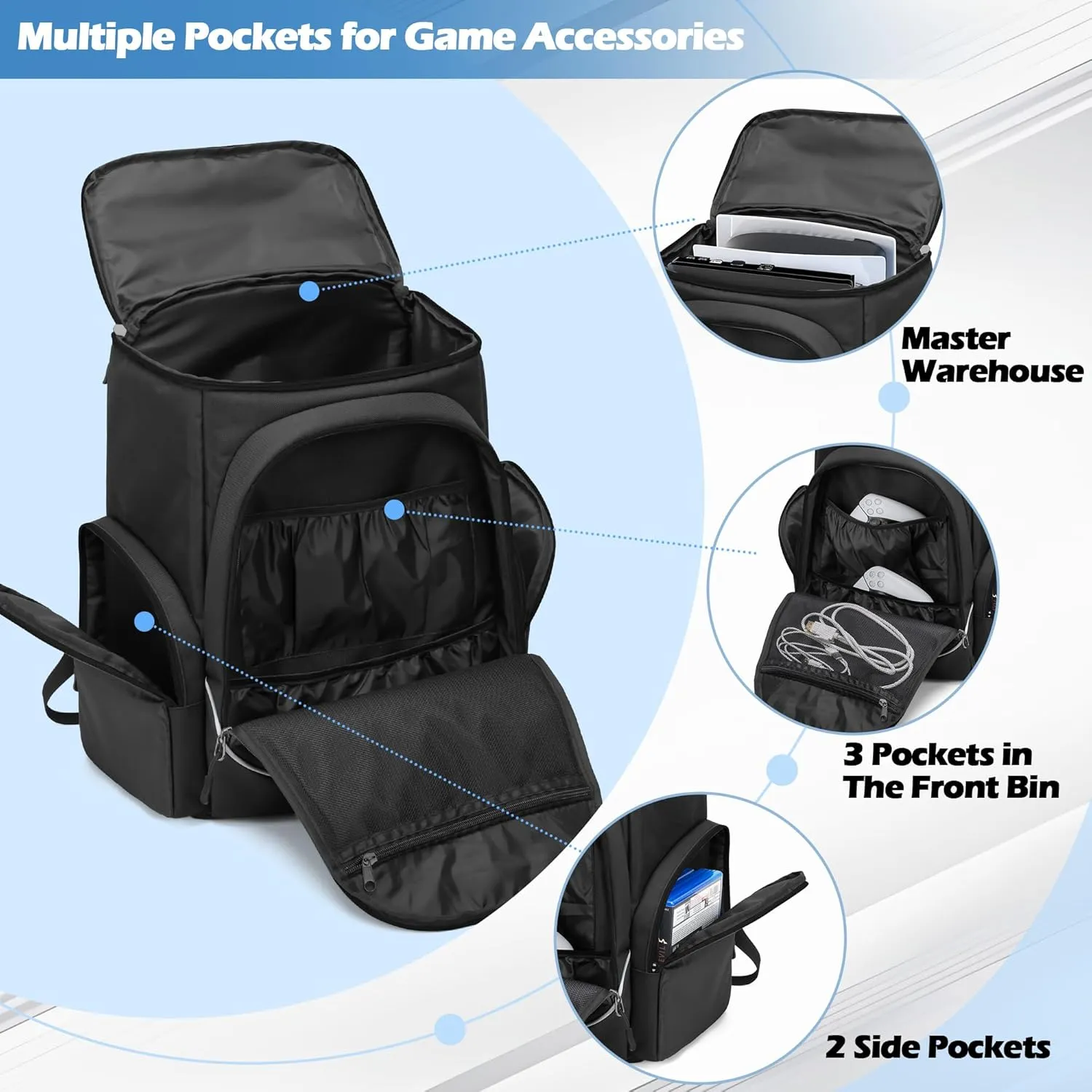Trunab Gaming Console Backpack Compatible with Playstation 5 / PS5 Slim / PS4 / Xbox One, Travel Carrying Bag with Multiple Pockets for 15.6 Laptop and Gaming Accessories