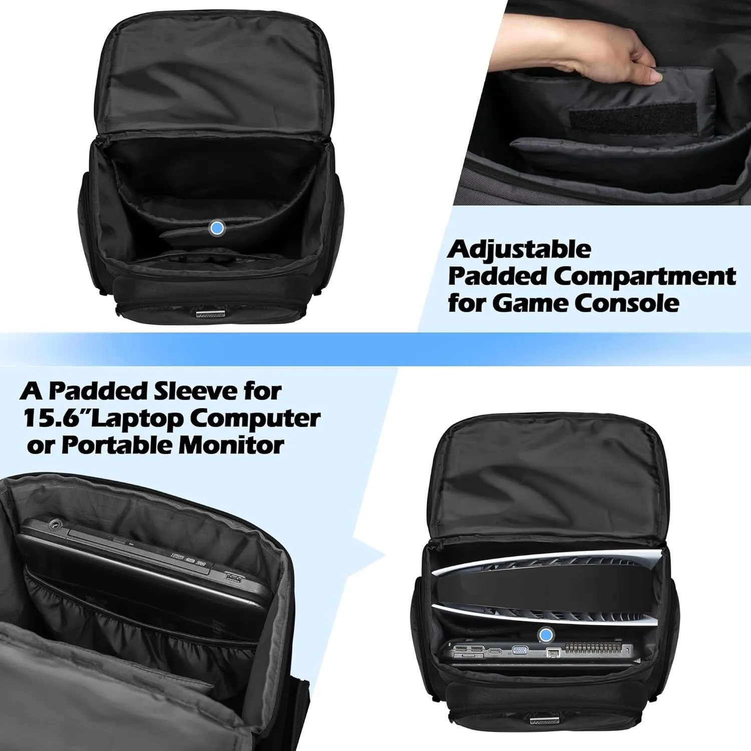 Trunab Gaming Console Backpack Compatible with Playstation 5 / PS5 Slim / PS4 / Xbox One, Travel Carrying Bag with Multiple Pockets for 15.6 Laptop and Gaming Accessories