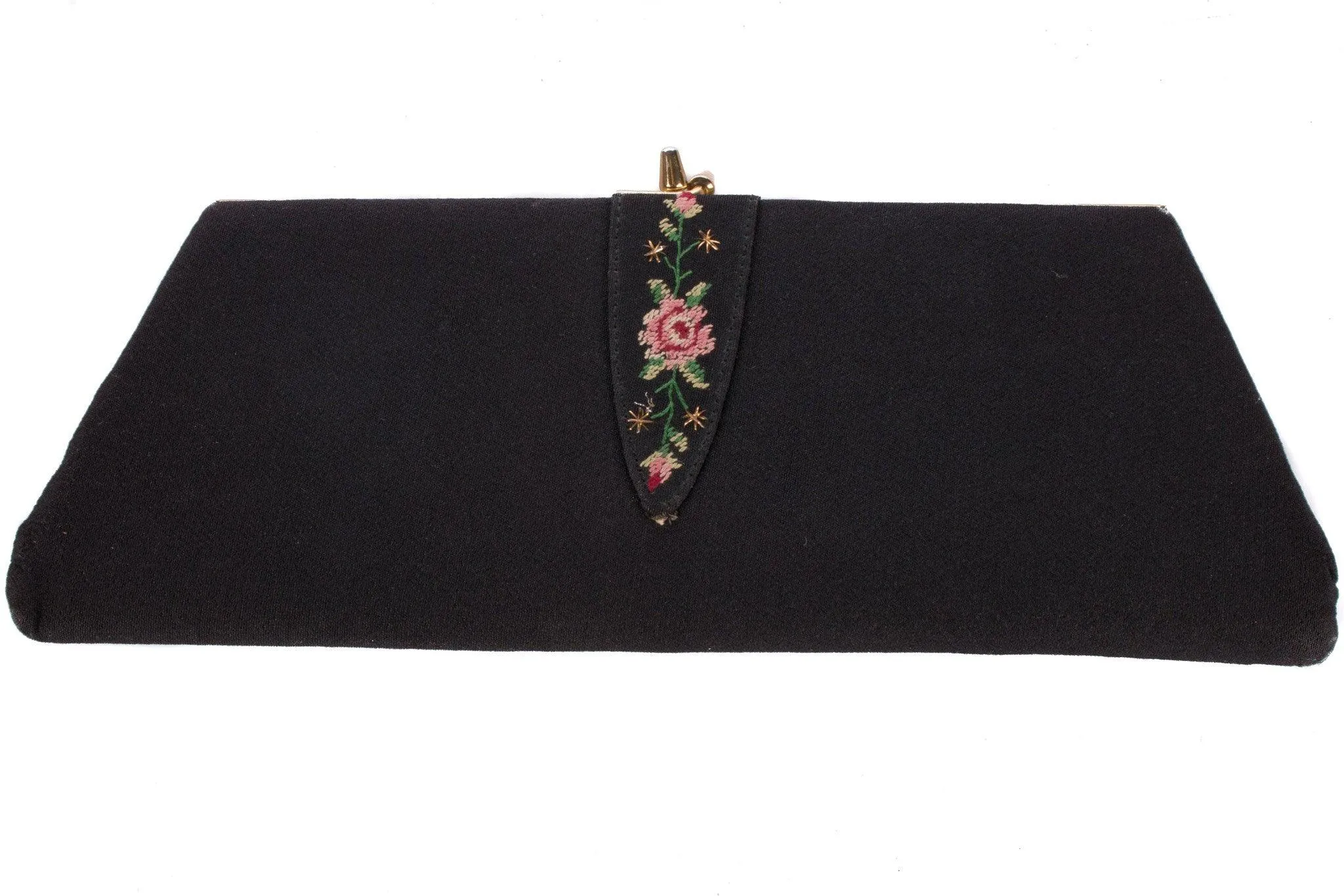 Vintage Golden Age Evening Purse Black with Flower Embroidery Detail