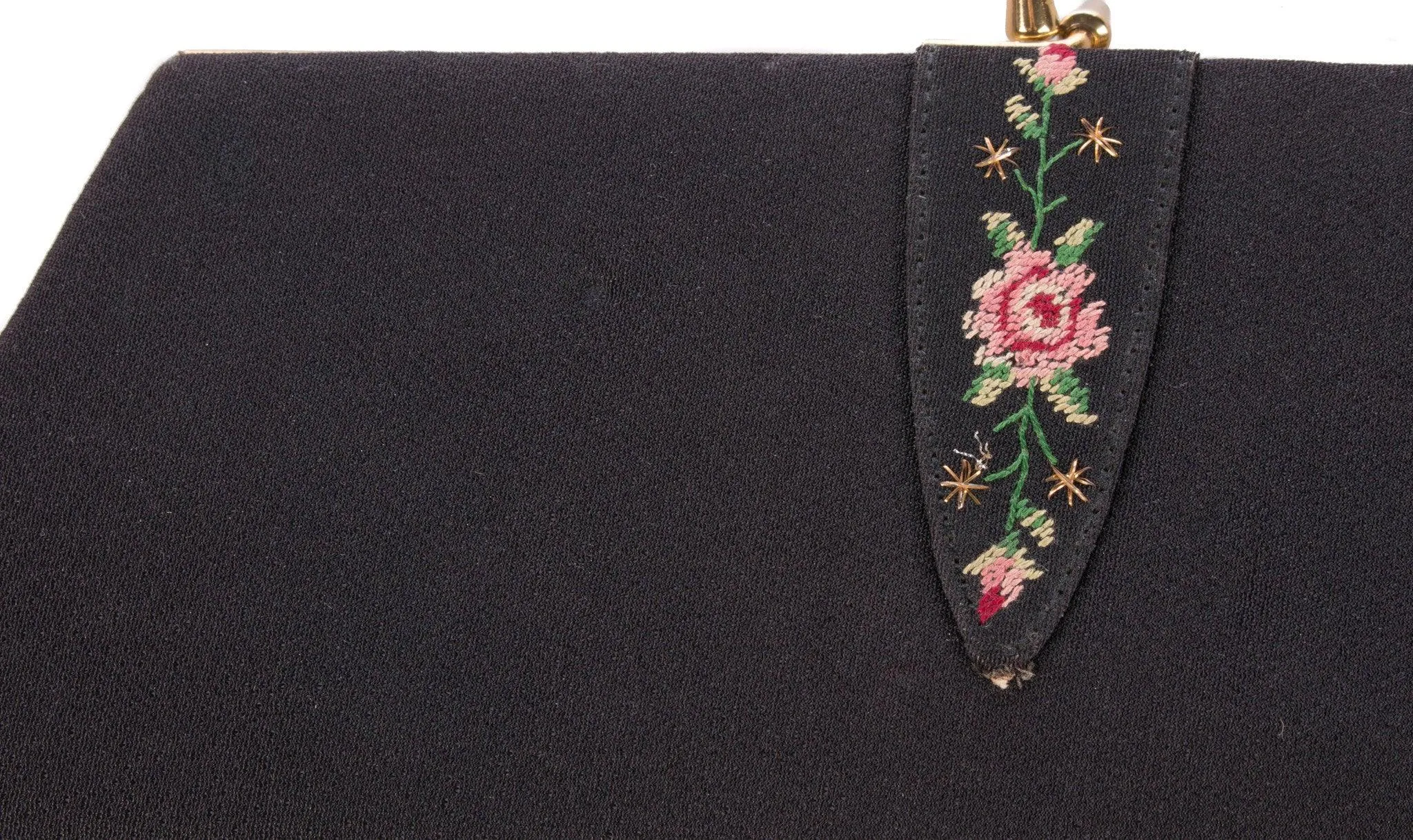 Vintage Golden Age Evening Purse Black with Flower Embroidery Detail