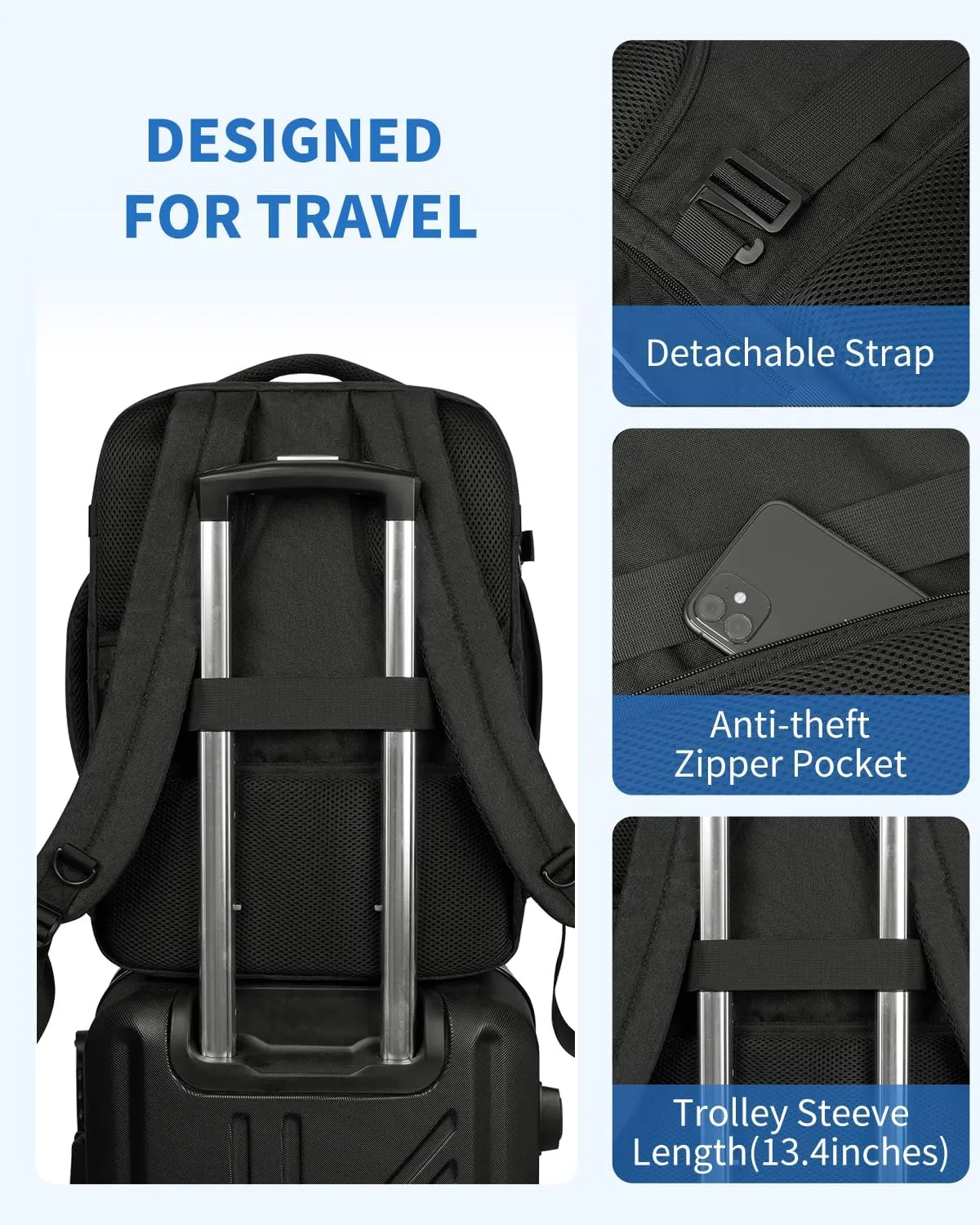 WANDF Travel Backpack For Spirit Airlines Personal Item Bag 18x14x8 with Wet Pocket, 17 Inch Laptop Backpack for Men WomenBlack