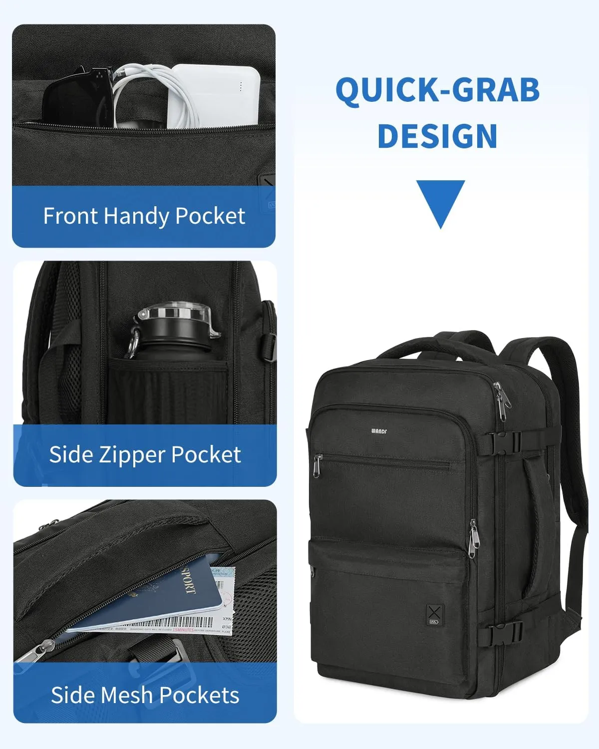 WANDF Travel Backpack For Spirit Airlines Personal Item Bag 18x14x8 with Wet Pocket, 17 Inch Laptop Backpack for Men WomenBlack
