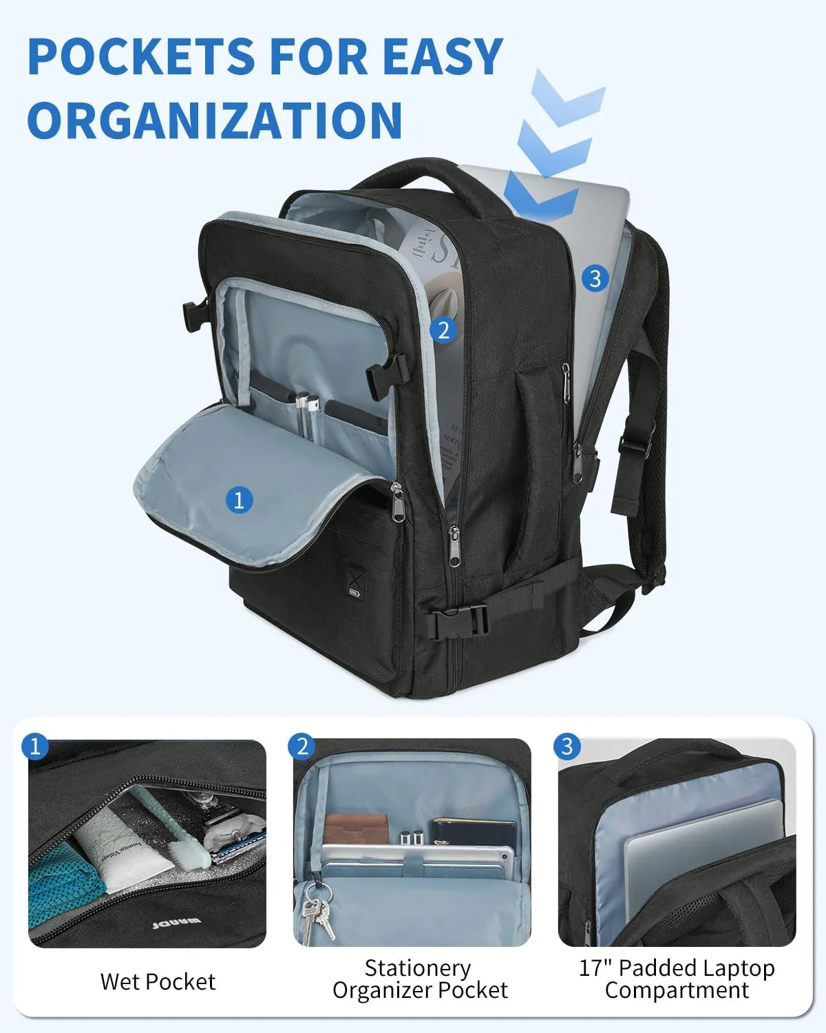 WANDF Travel Backpack For Spirit Airlines Personal Item Bag 18x14x8 with Wet Pocket, 17 Inch Laptop Backpack for Men WomenBlack
