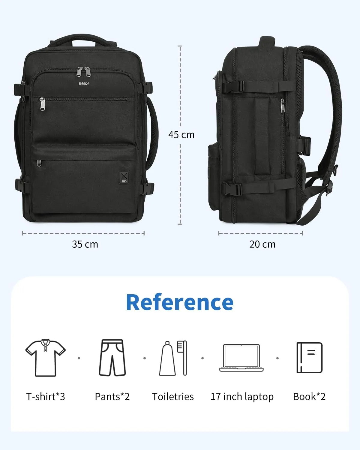 WANDF Travel Backpack For Spirit Airlines Personal Item Bag 18x14x8 with Wet Pocket, 17 Inch Laptop Backpack for Men WomenBlack