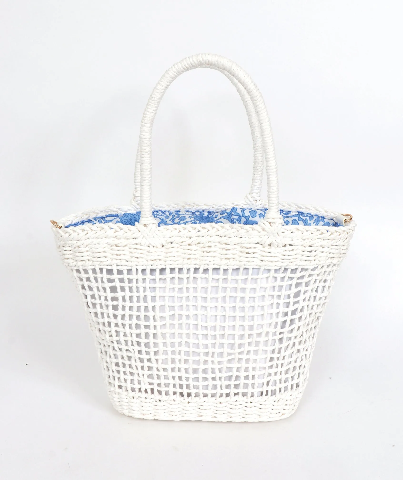 White Straw Tote Bag with Drawstring Closure and Twin Handles